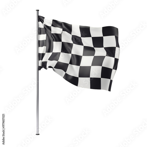 Checkered Racing Flag on Pole Isolated on White Background Representing Victory and Finish Line in Motorsport, Cutout, Isolated on White Background