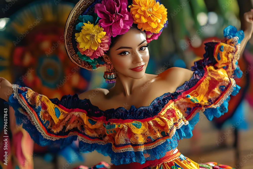 Latin woman wearing colorful dress with flower headdress dancing traditional folkloric dance Latin woman wearing colorful dress with flower headdress dancing traditional folkloric dance