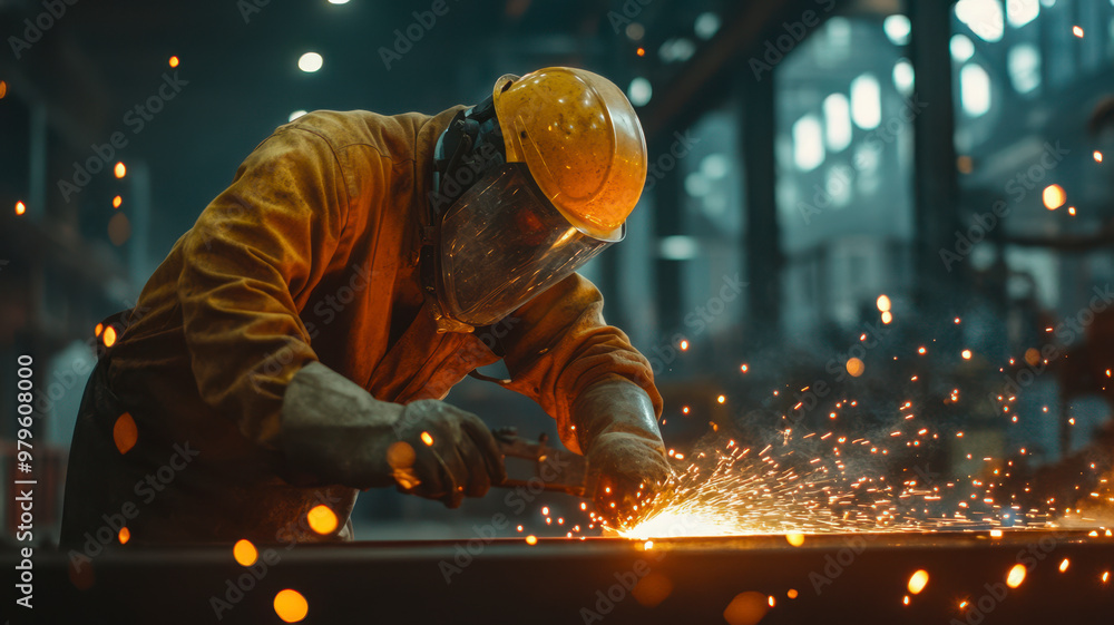 industrial worker in protective gear working with sparks at an steel factory industrial worker in protective gear working with sparks at an steel factory