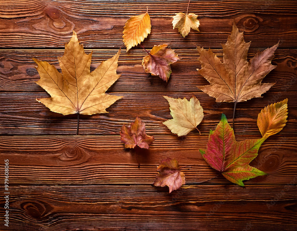 Bright autumn maple leaves on a dark wooden background. Copy space, top view Bright autumn maple leaves on a dark wooden background. Copy space, top view