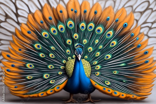 A detailed drawing of a peacock, with its vibrant feathers spread wide in a fan