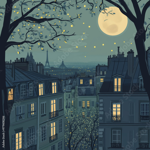 a serene night scene in Paris, with iconic Parisian architecture under the soft glow of the moon and gently swaying trees along the streets. Fireflies glow softly around the scene, photo