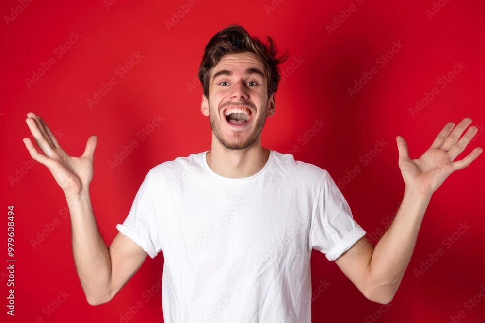 Goofy young man comical animated face and silly hands. Peculiar young man ridiculous expression and happy hands. Man breaking social norms unrestrained joyful expression. Goofy young man comical animated face and silly hands. Peculiar young man ridiculous expression and happy hands. Man breaking social norms unrestrained joyful expression.