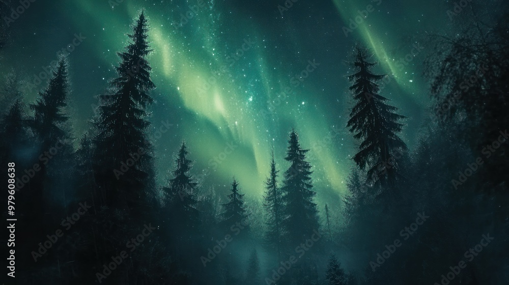 Aurora Borealis in green above a woodland Aurora Borealis in green above a woodland