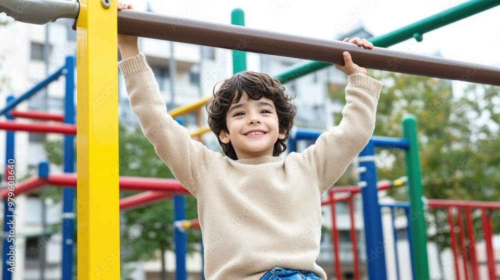 Obraz premium A joyful Hispanic boy hangs from the monkey bars in a playground, smiling brightly as he plays. The vibrant outdoor setting adds to the fun and excitement of his day