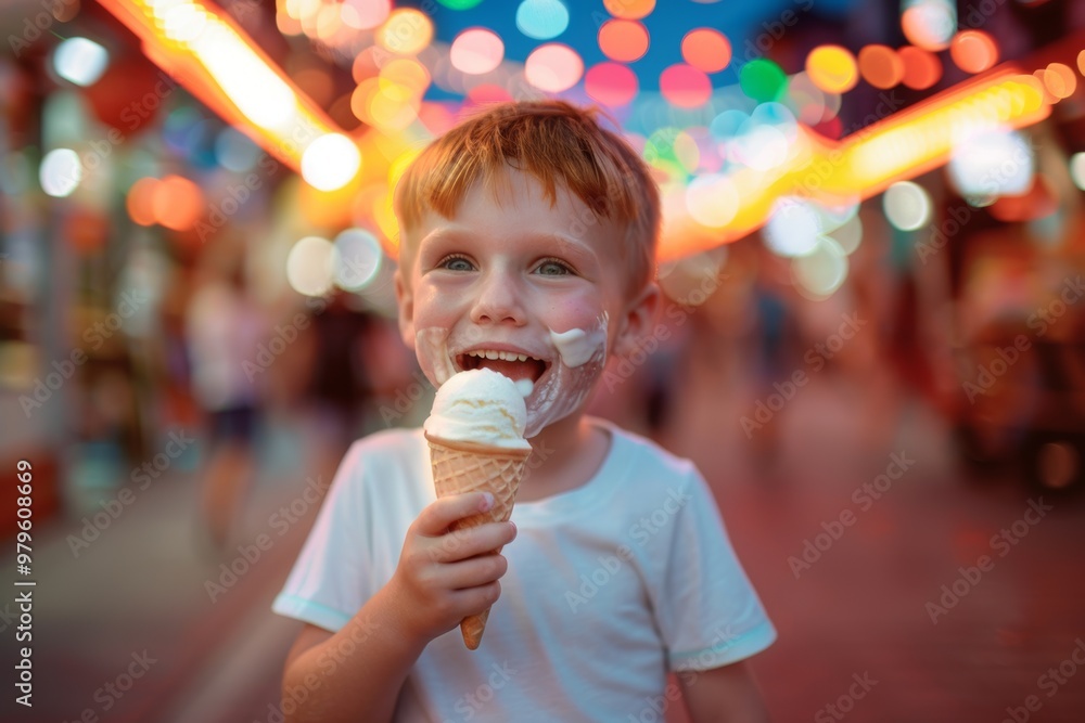 Child indulges in a tasty ice cream cone. Cheerful child smiling brightly sunlight showing freckled cheeks. Portraying warmth and joy that radiates from child's genuine smile. Child indulges in a tasty ice cream cone. Cheerful child smiling brightly sunlight showing freckled cheeks. Portraying warmth and joy that radiates from child's genuine smile.