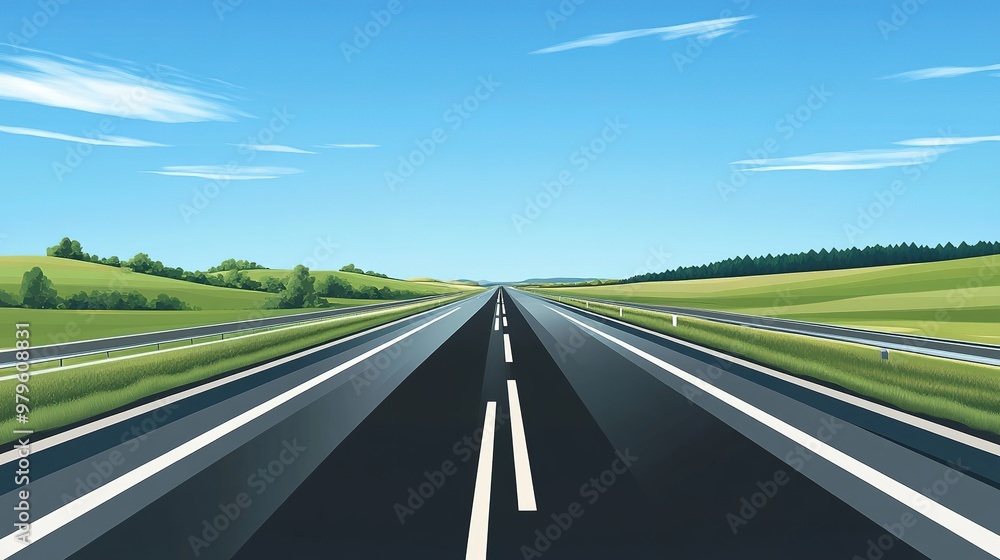 Simple 2D illustration of a long highway cross section with no background, featuring a clean and flat design without gradient or shadow effects, ideal for transport and infrastructure concepts. Simple 2D illustration of a long highway cross section with no background, featuring a clean and flat design without gradient or shadow effects, ideal for transport and infrastructure concepts.