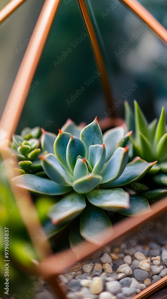 Obraz premium Succulents in a glass terrarium with copper accents.