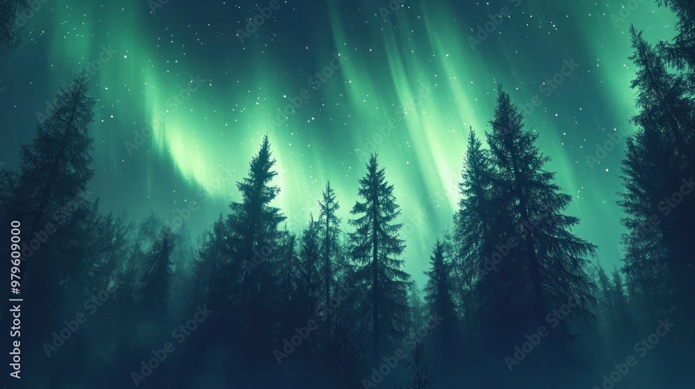 Aurora Borealis in green above a woodland Aurora Borealis in green above a woodland