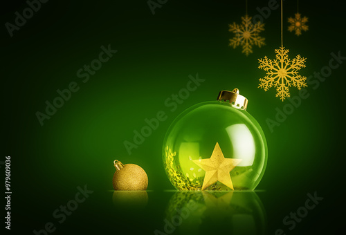 Christmas Ornaments, snowflakes and a star on a green background