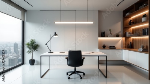 Generative AI, a desk with a computer on it in a room with a view of the city outside the window and a window sill, bright studio setting, a 3D render, light and space