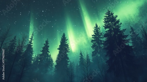 Aurora Borealis in green above a woodland photo