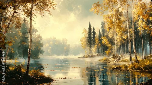 Serene Autumn Landscape with Tranquil Lake and Golden Trees Reflecting in Calm Water, Capturing Nature’s Peaceful Beauty in a Misty, Forested Morning Scene photo