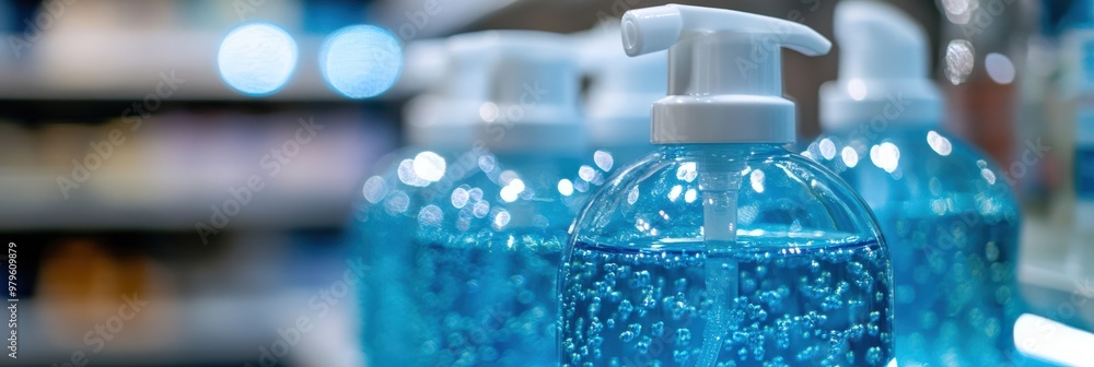 Hand Sanitizer Bottles. Coronavirus Outbreak - Stockpiling Supplies for Virus Prevention in Blue Design Background Hand Sanitizer Bottles. Coronavirus Outbreak - Stockpiling Supplies for Virus Prevention in Blue Design Background