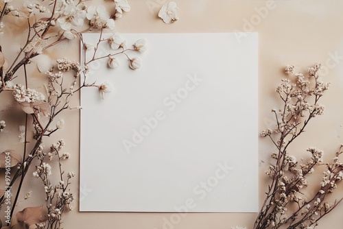 Empty white paper blank, flowers, branches on beige background. Wedding branding mock up, holiday marketing concept