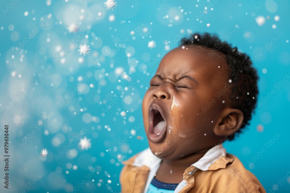 Image captures black boy's sneeze small particles and splashes seen. Black infant's sneeze shows spray of tiny airborne bacteria and germs. Reminder of micro-level battles our bodies face daily. Image captures black boy's sneeze small particles and splashes seen. Black infant's sneeze shows spray of tiny airborne bacteria and germs. Reminder of micro-level battles our bodies face daily.