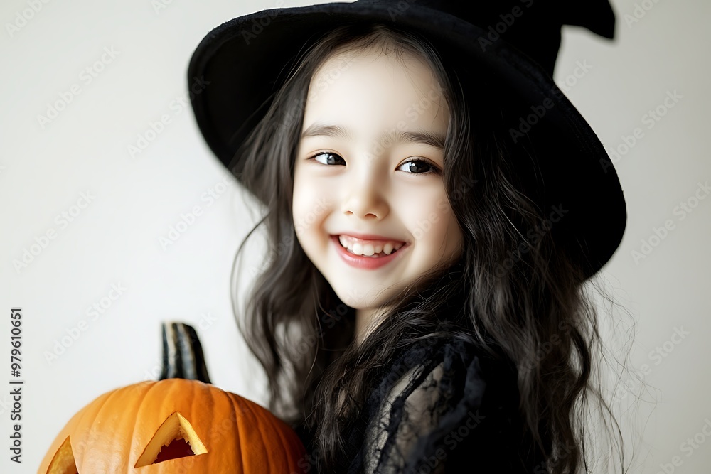 Happy Halloween with Smiling Girl in Witch Hat Holding Pumpkin Happy Halloween with Smiling Girl in Witch Hat Holding Pumpkin