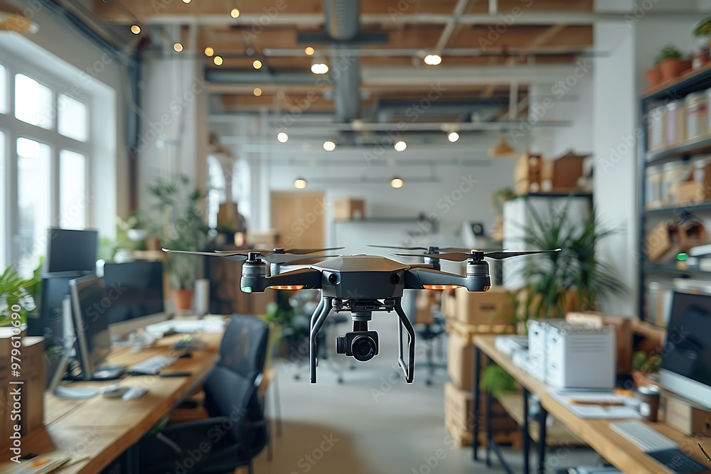 A drone is flying in a room with a lot of plants and boxes A drone is flying in a room with a lot of plants and boxes