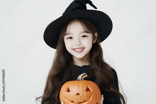 Happy Halloween with Smiling Girl in Witch Hat Holding Pumpkin