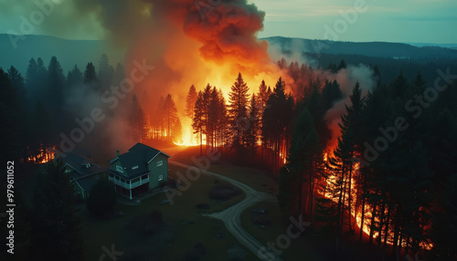 La forêt brûle avec une intensité terrifiante, les flammes gigantesques réduisant les arbres en cendres. Une fumée dense s’étend rapidement, asphyxiant toute la région. photo