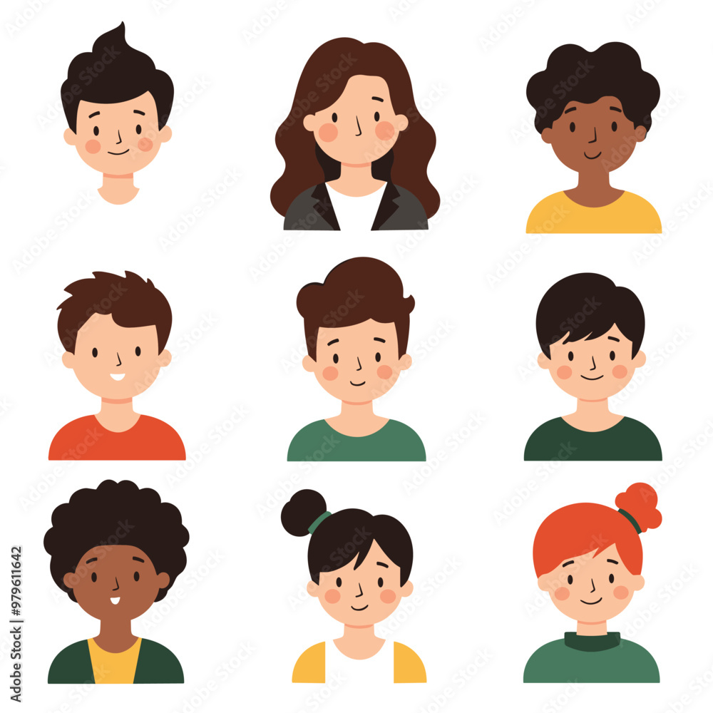 Diverse cartoon character faces arranged in a grid on a white background. Diverse cartoon character faces arranged in a grid on a white background.