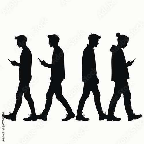 Silhouettes of four young individuals walking while looking at their phones, isolated against a white background.