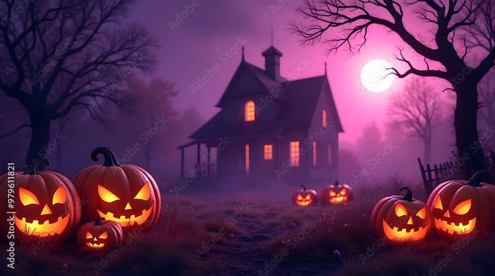 Halloween background with pumpkins, haunted house and full moon. Generative AI Halloween background with pumpkins, haunted house and full moon. Generative AI
