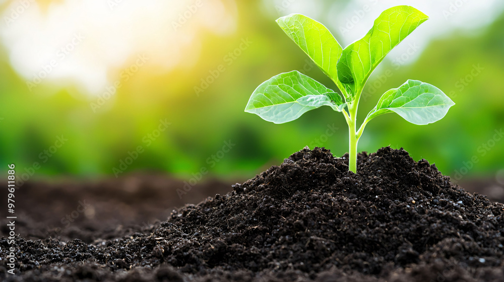 A young green plant emerges from rich, dark soil, symbolizing growth and sustainability. This image captures essence of natures resilience and importance of nurturing our environment A young green plant emerges from rich, dark soil, symbolizing growth and sustainability. This image captures essence of natures resilience and importance of nurturing our environment