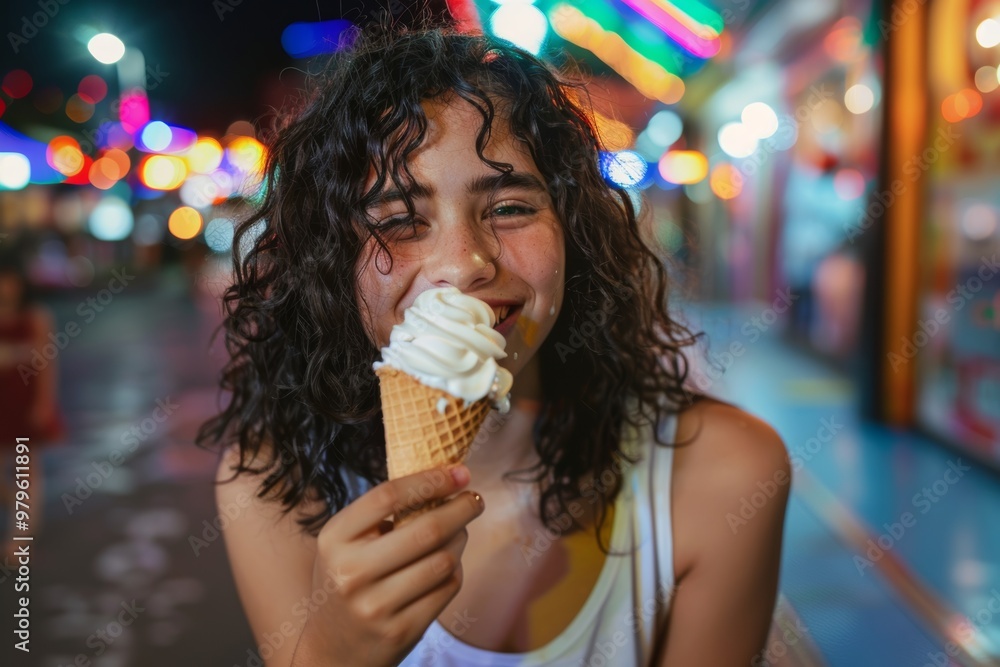 Cheerful teen curly hair smiling brightly sunny afternoon. A kid's love for ice cream is undeniable. Essence of youthful joy captured sunny innocence and natural beauty. Cheerful teen curly hair smiling brightly sunny afternoon. A kid's love for ice cream is undeniable. Essence of youthful joy captured sunny innocence and natural beauty.