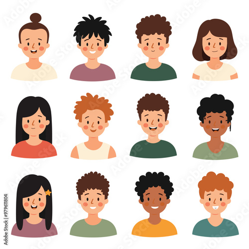 Illustration of a diverse group of cartoon characters with varied hairstyles and expressions on a white background.