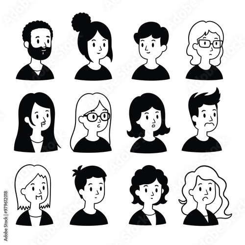 Black and white cartoon illustrations of diverse individuals showcasing a variety of expressions.