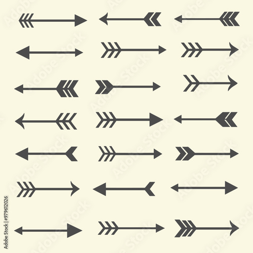 Set of various black arrow illustrations on a light beige background with multiple designs and styles.