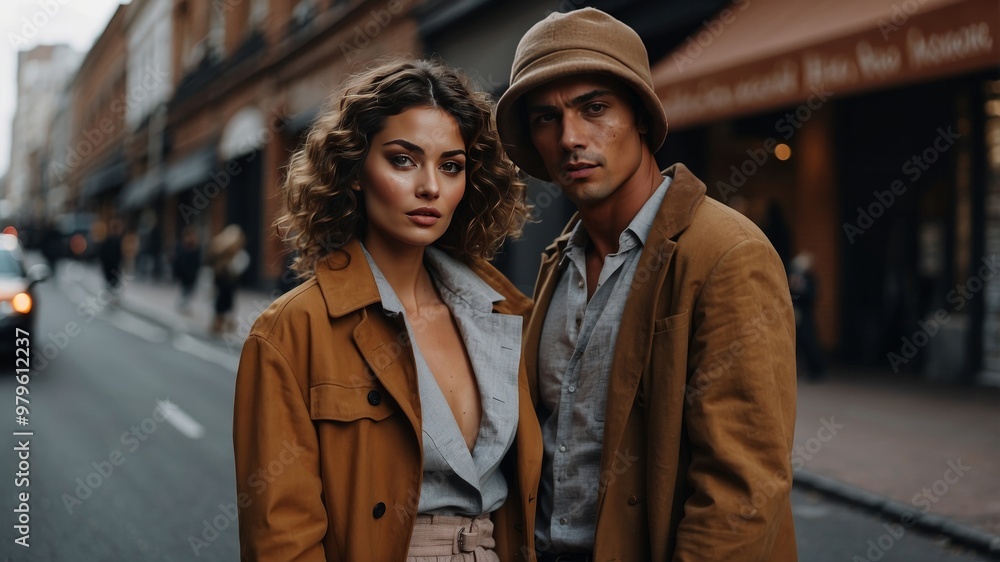 Stylishly dressed man and woman posing in urban setting Stylishly dressed man and woman posing in urban setting