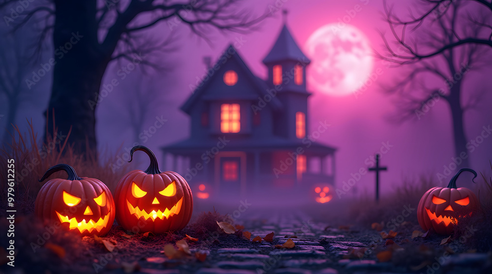 Halloween background with pumpkins, haunted house and full moon. Generative AI Halloween background with pumpkins, haunted house and full moon. Generative AI