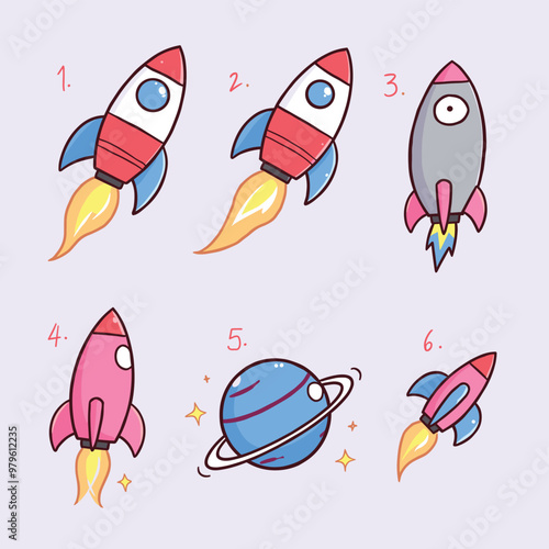 Cute rocket ship illustrations with different designs, along with a cartoon planet in space.