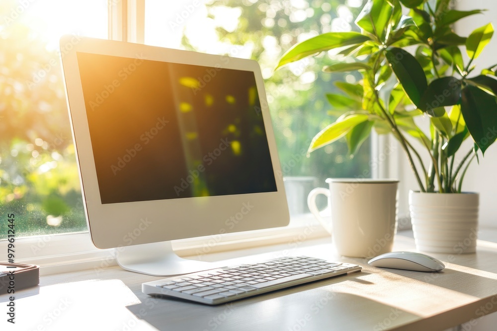 Computer Keyboard and mouse with desk on the table, Workspace with blank screen coffee cup,warm colours sun light with generative ai Computer Keyboard and mouse with desk on the table, Workspace with blank screen coffee cup,warm colours sun light with generative ai