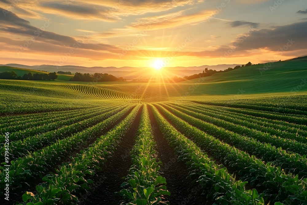 The sun rises majestically over a serene landscape, illuminating rows of crops while casting a warm golden glow across the green hills and open fields, heralding a new day The sun rises majestically over a serene landscape, illuminating rows of crops while casting a warm golden glow across the green hills and open fields, heralding a new day