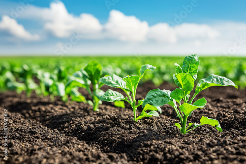 Fresh green plants thrive in rich soil under bright blue sky, showcasing beauty of organic farming. This vibrant scene highlights importance of sustainable agriculture and nanotechnology enhanced fert photo