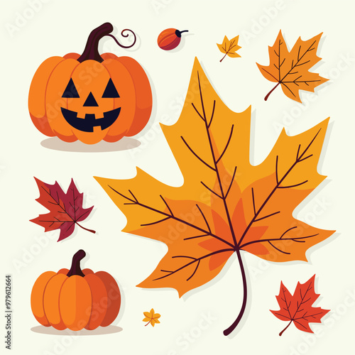 Festive Halloween pumpkins and autumn leaves creating a seasonal and festive atmosphere.