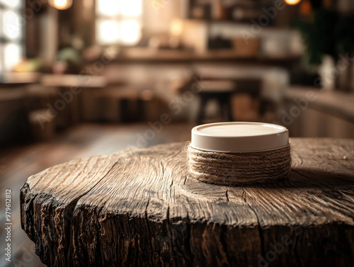 A natural wooden table showcases product displayed elegantly, surrounded by warm and inviting atmosphere. soft lighting enhances rustic charm, creating cozy feel