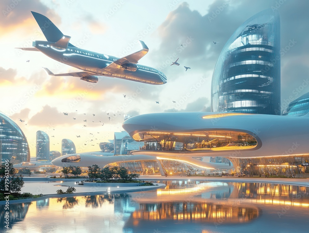 A futuristic commercial aviation hub with sleek electric planes and modern, eco-friendly airport facilities A futuristic commercial aviation hub with sleek electric planes and modern, eco-friendly airport facilities