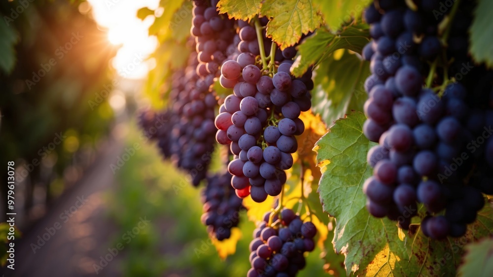 Sunset vineyard with ripe grapes in foreground Sunset vineyard with ripe grapes in foreground