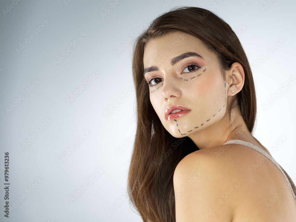 Woman, portrait and mark for plastic surgery, cosmetic procedure and chin augmentation in studio. Female person, lines and dermal filler on white background for skin, liposuction and transformation