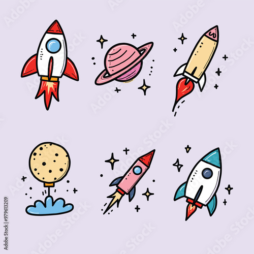 Colorful hand-drawn rockets and planets on a light purple background.