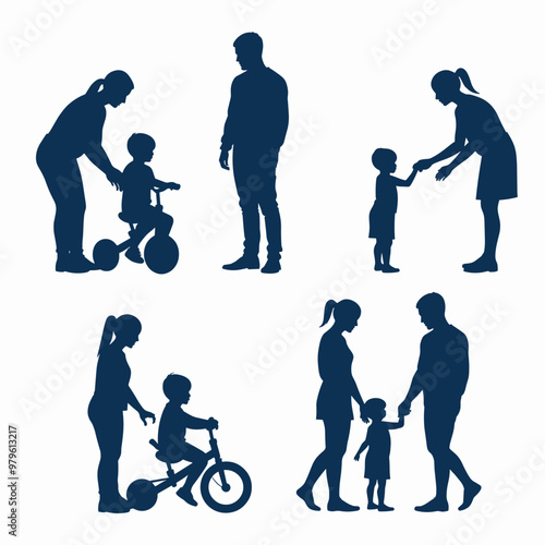 Silhouettes of adults interacting with children, featuring biking and teaching moments.
