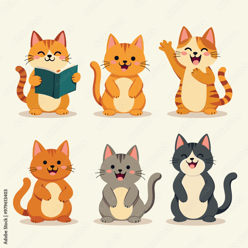 Illustration of six cute animated cats with various expressions and poses on a light background. Illustration of six cute animated cats with various expressions and poses on a light background.