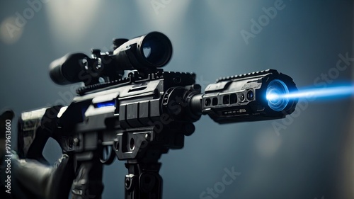 Tactical rifle with scope and blue laser beam