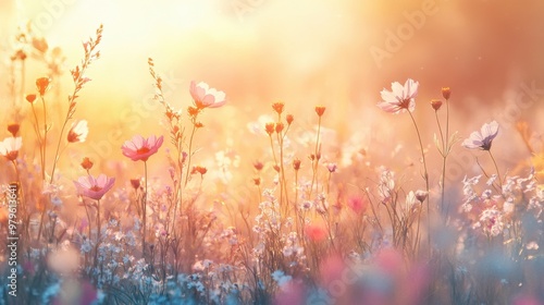 A beautiful field of colorful flowers illuminated by soft sunlight, creating a serene and tranquil atmosphere in nature.