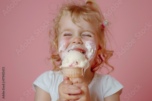 Small girl beams happiness sunny day outside. Ice cream delight brings joy to a child's face.  Radiant energy of child representing boundless curiosity and delight. photo