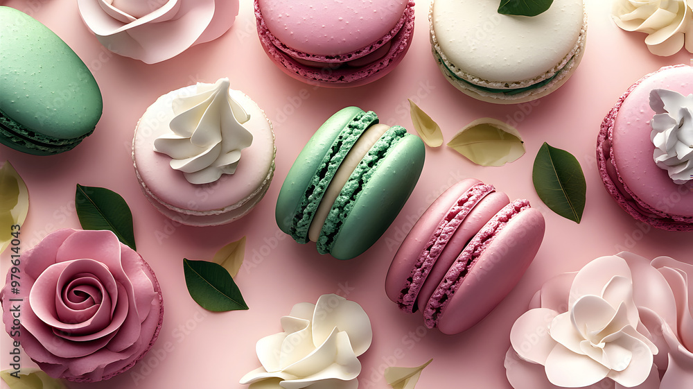 Fototapeta premium a poster of italian macarons and different toppings, editorial illustrations, 